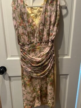 Floral Pink & Cream Draped Waist Women's Dress